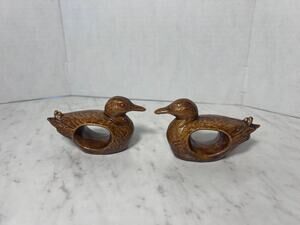 Vintage Brown Glazed Ceramic Duck Napkin Rings, Set of 2, Farmhouse Table Decor